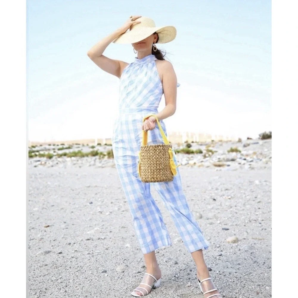 J Crew‎ Gingham Jumpsuit Sleeveless Sz 14 Pockets Cotton Lined Coastal Beach Bow